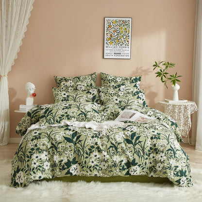 Baumwoll Bettwäsche Set Blumen Grün Weiß 220x240 cm
