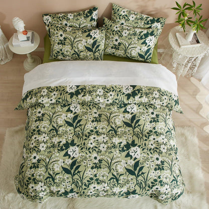 Baumwoll Bettwäsche Set Blumen Grün Weiß 220x240 cm