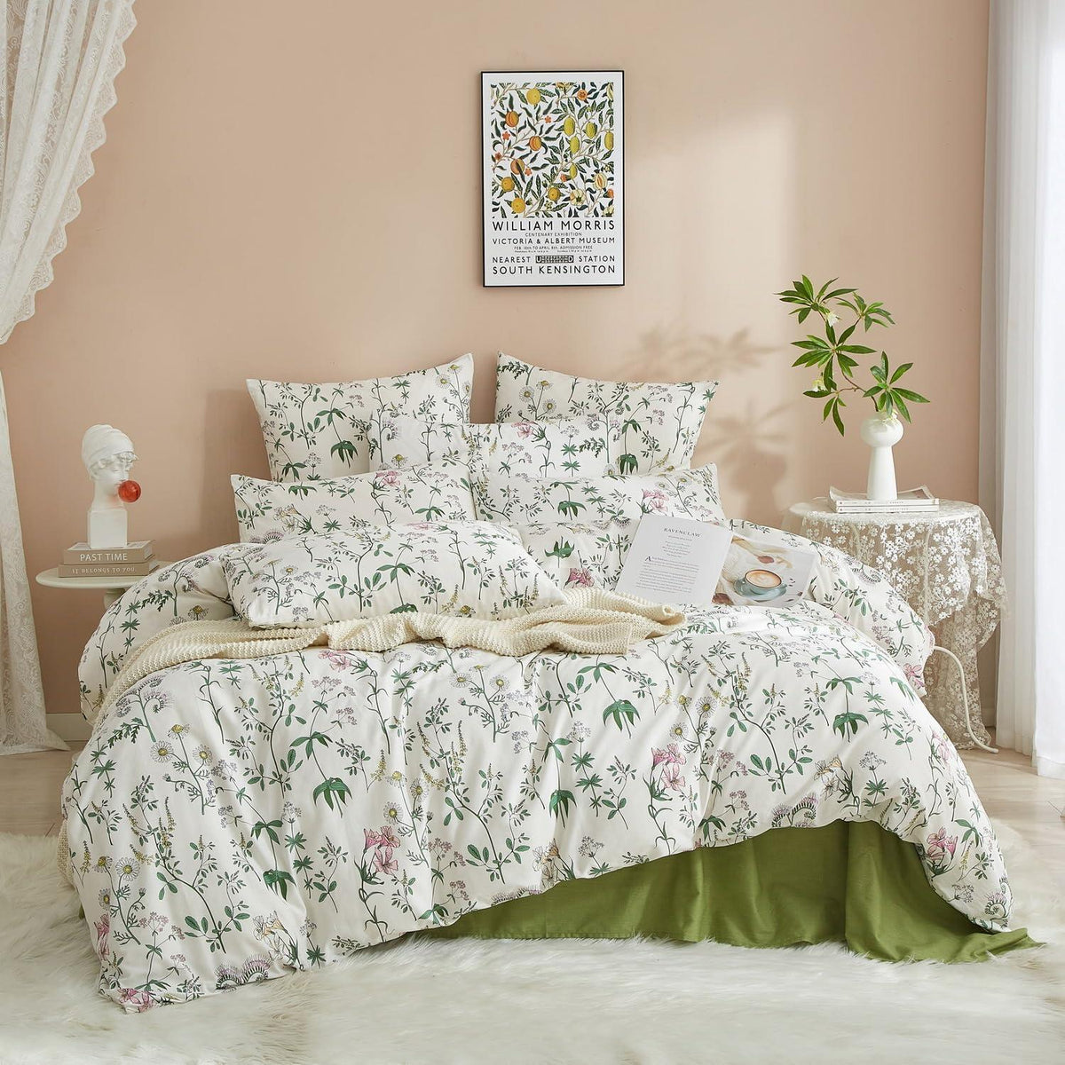 Baumwoll Bettwäsche Set Blumen Grün Weiß 200x220 cm