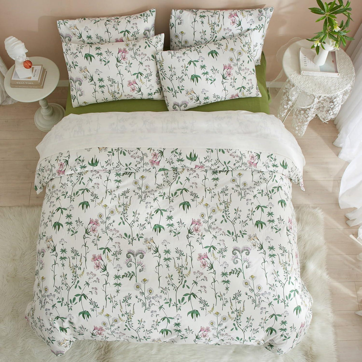 Baumwoll Bettwäsche Set Blumen Grün Weiß 200x220 cm
