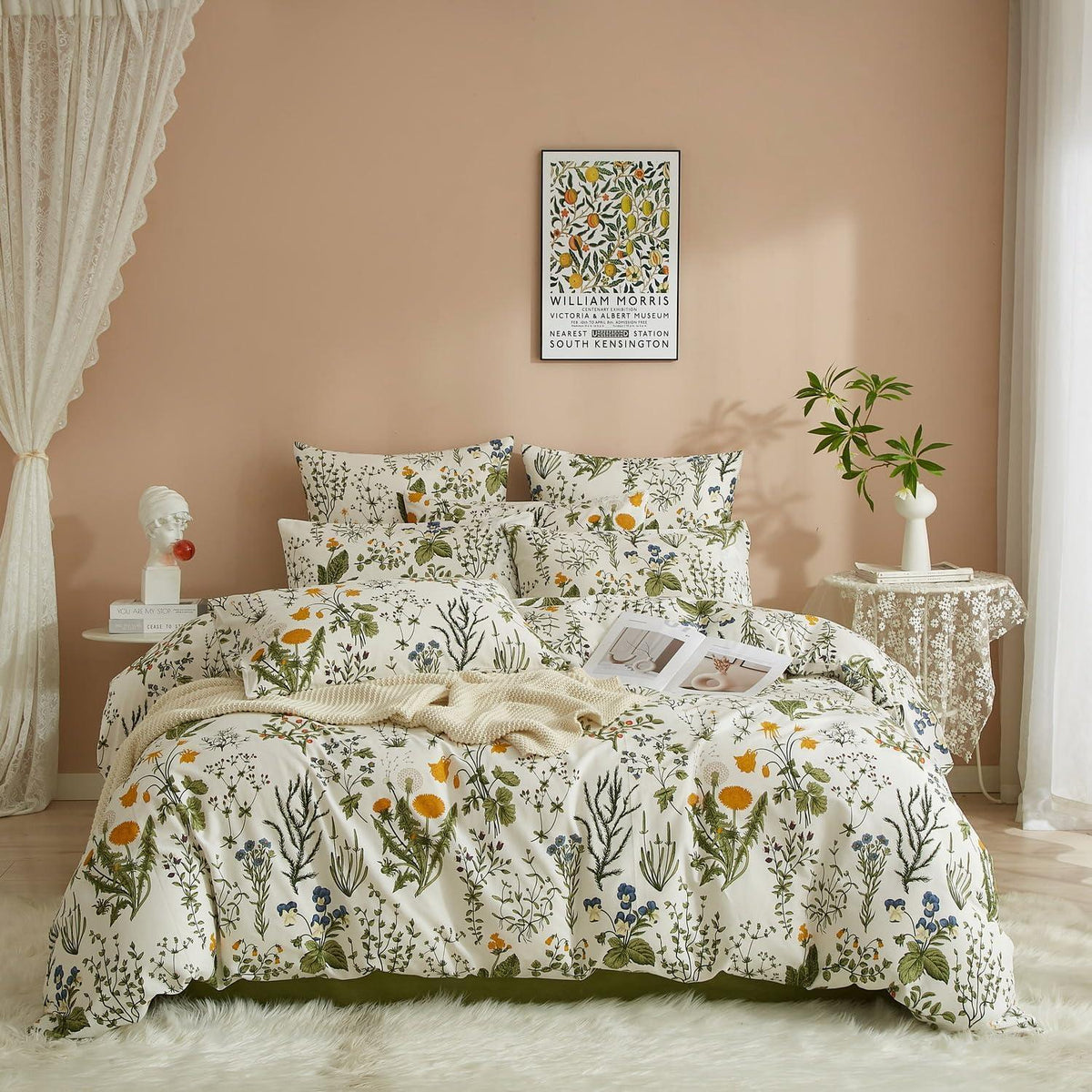 Blumen Bettwäsche Set 200x220 Baumwolle Grün Weiß Floral