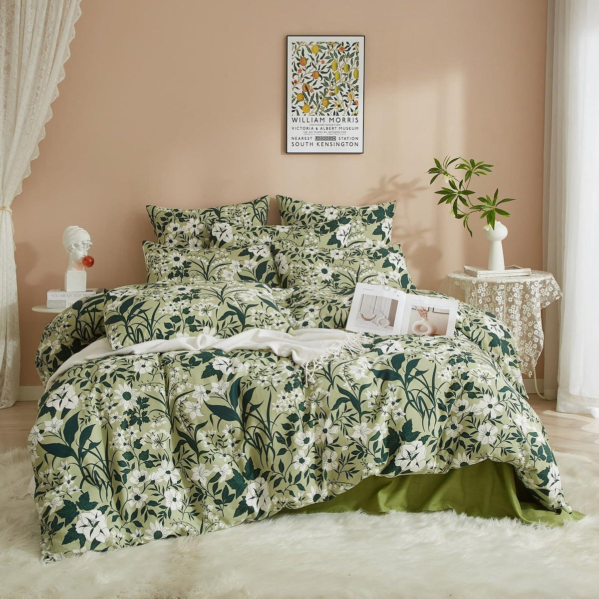 Blumen Bettwäsche Set 200x220 Baumwolle Grün Weiß Floral