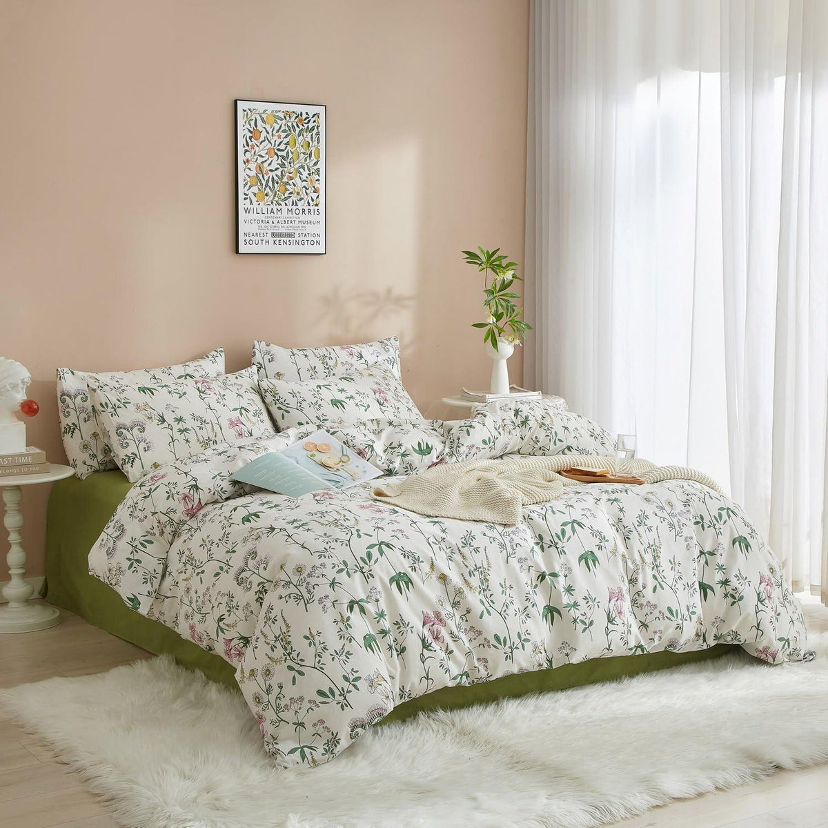 4teiliges Bettwäsche-Set Baumwolle 135x200 cm Grün Weiß Blumen