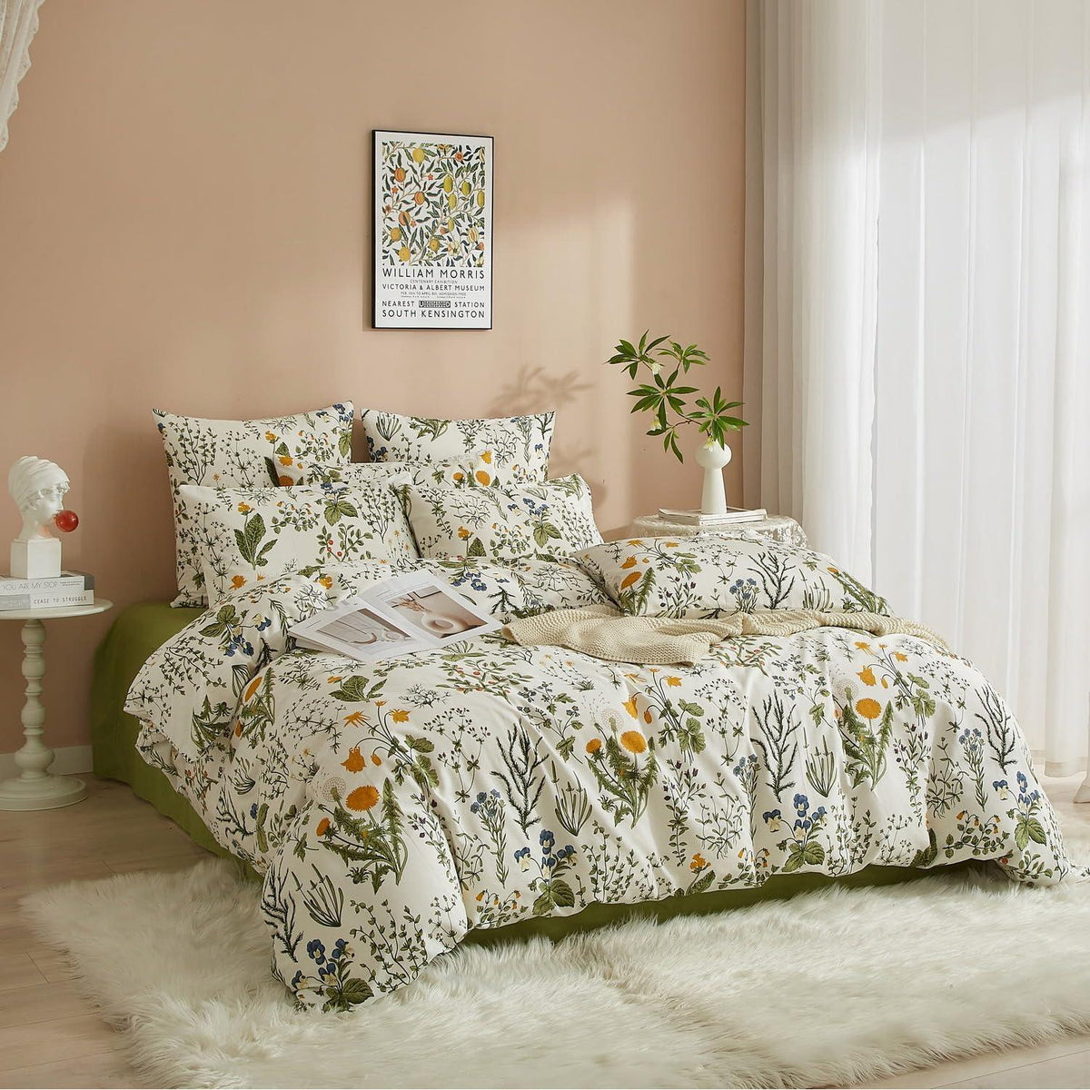 4TLG Bettwäsche-Set 135x200 cm, Grün-Weiß Blumenmuster
