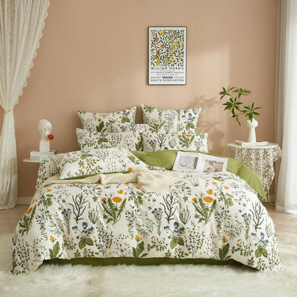 Baumwoll Bettwäsche Set 200x220 Blumen Grün Weiß Pflanzen