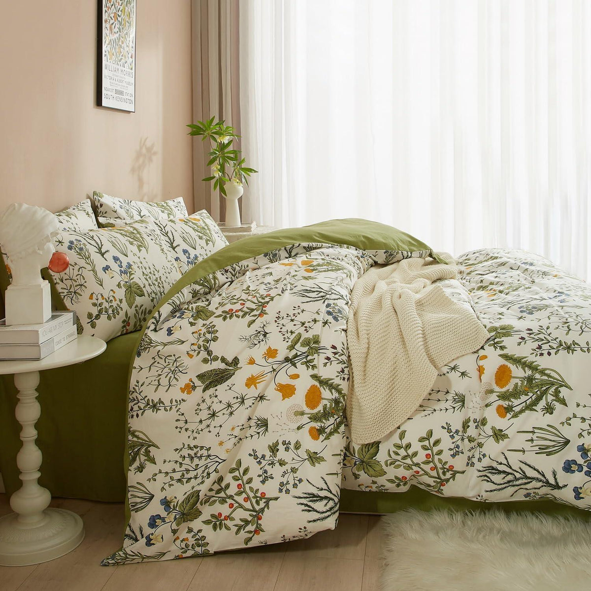 Baumwoll Bettwäsche Set 200x220 Blumen Grün Weiß Pflanzen