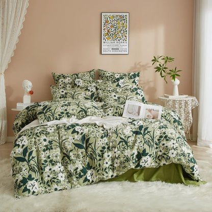 Bettwäsche-Set 135x200 cm, Baumwolle, Grün-Weiß Blumenmuster