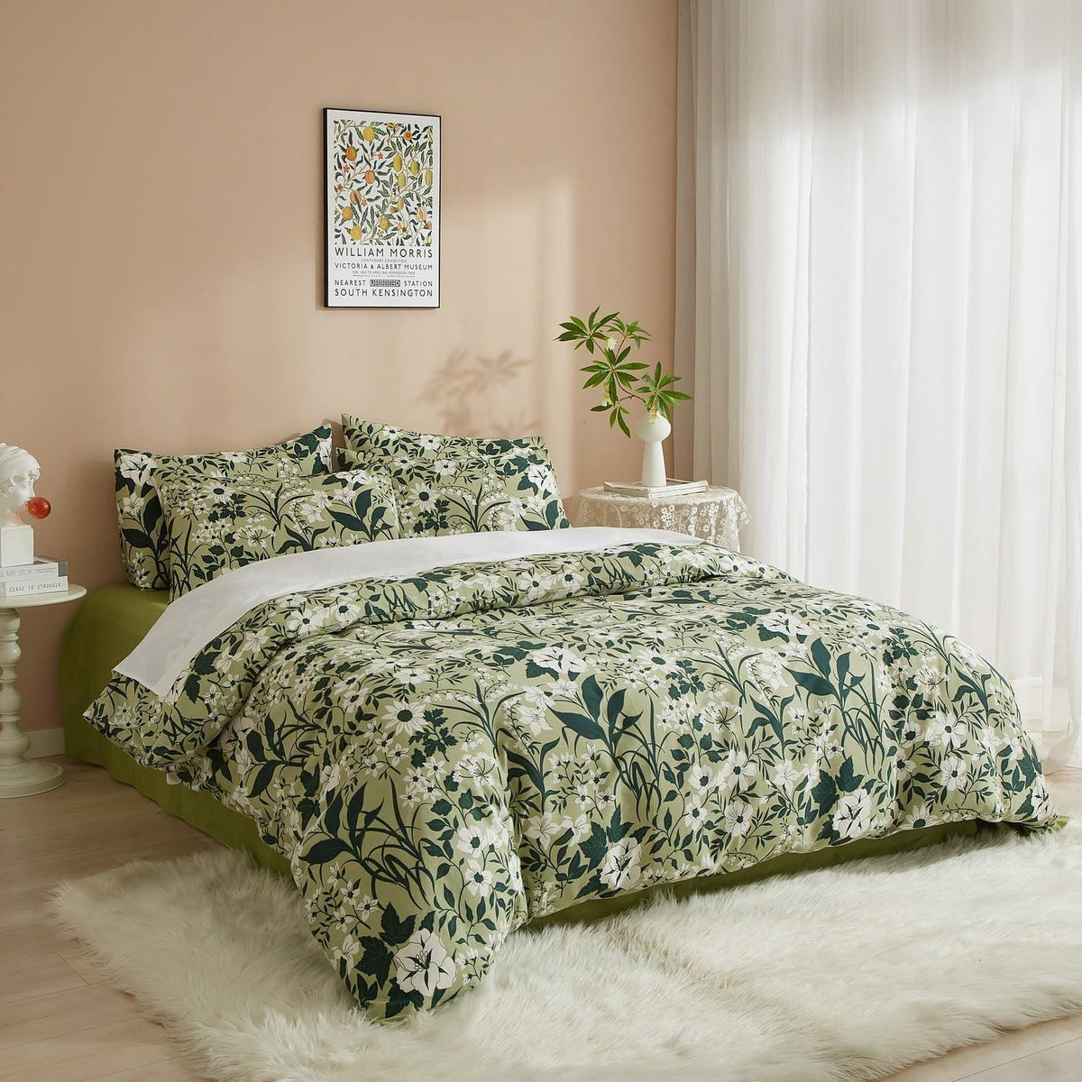 Bettwäsche-Set 135x200 cm, Baumwolle, Grün-Weiß Blumenmuster