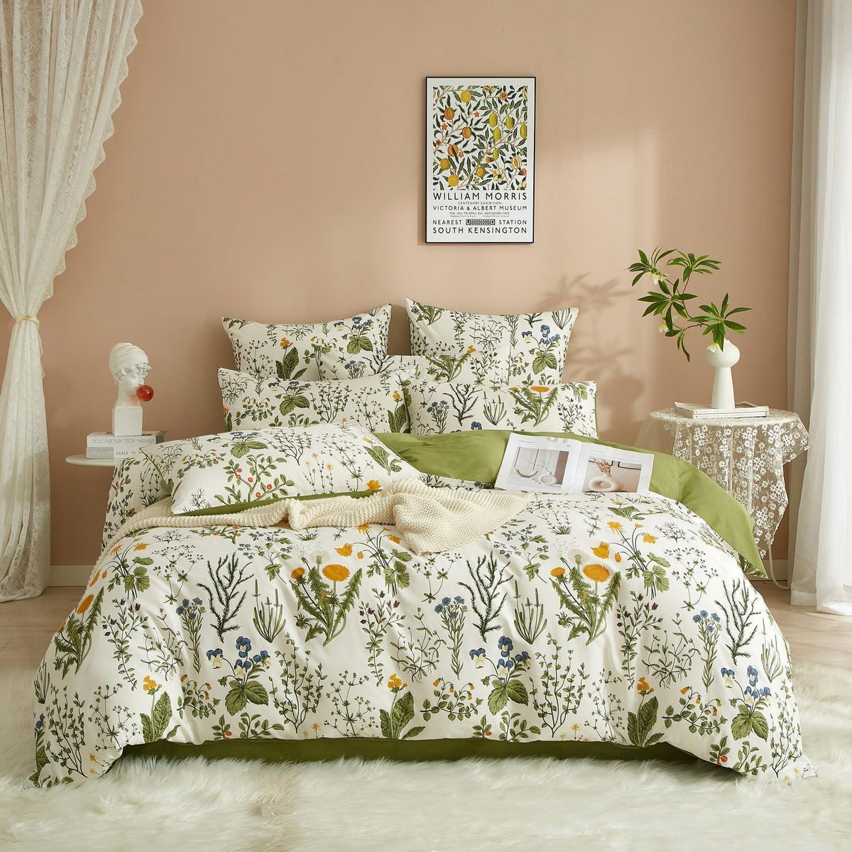 Blumen Bettwäsche Set 220x240 Baumwolle Weiß Grün