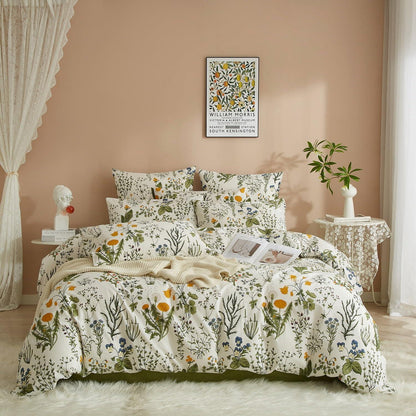 Baumwoll Bettwäsche Set Blumen Grün Weiß 220x240 cm