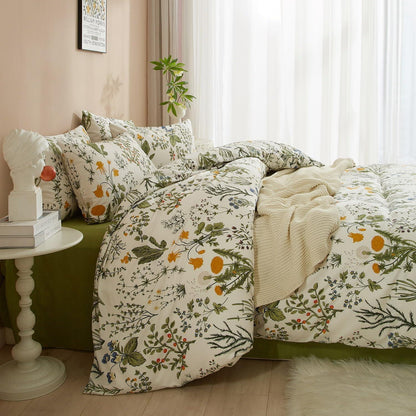 Baumwoll Bettwäsche Set Blumen Grün Weiß 220x240 cm