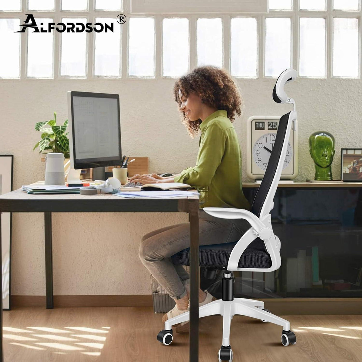 ALFORDSON Ergonomischer Bürostuhl mit Lordosenstütze, neigbar, Armlehne