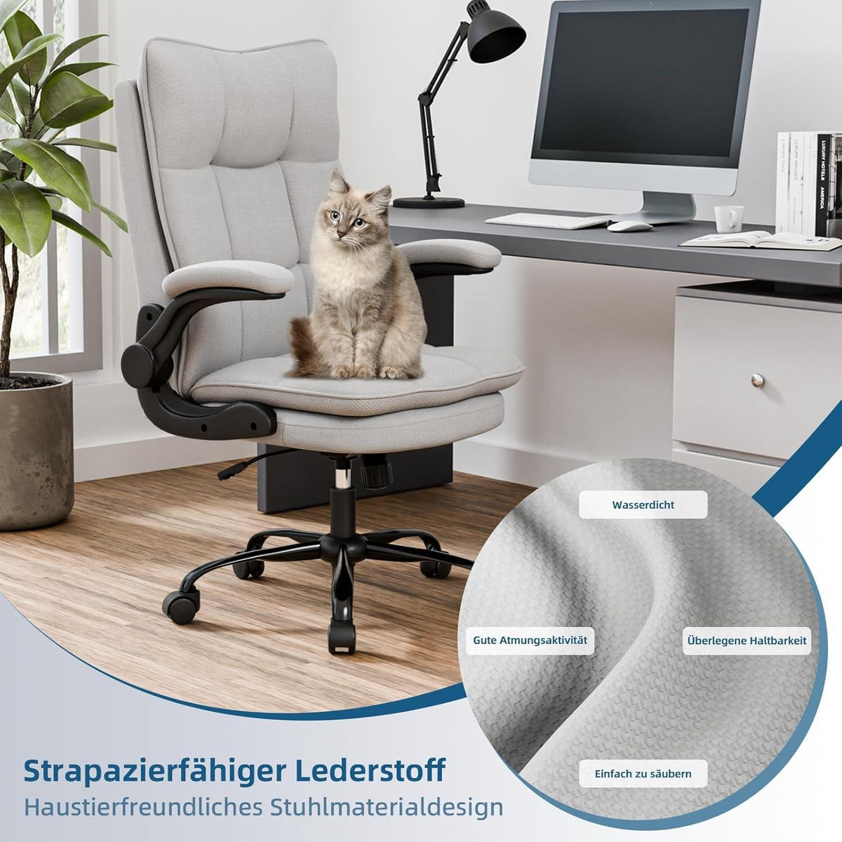 Asukale Bürostuhl Ergonomisch mit Wippfunktion, Armlehne, Höhenverstellbar Bis 150 kg Grau