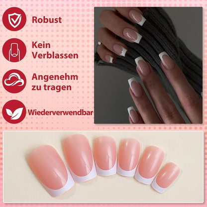 Eckige French Tip Nägel – 24 Stück, Nude Weiß, 12 Größen