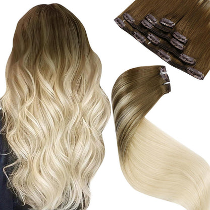 Echthaar Clip in Extensions Ombre Blond Braun