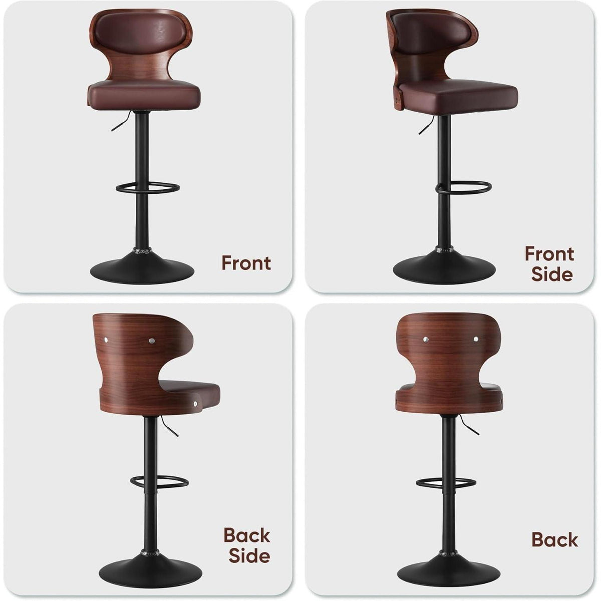 Barhocker 2er Set mit Rückenlehne und Fußstütze, drehbar, Nussbaumholz Braun