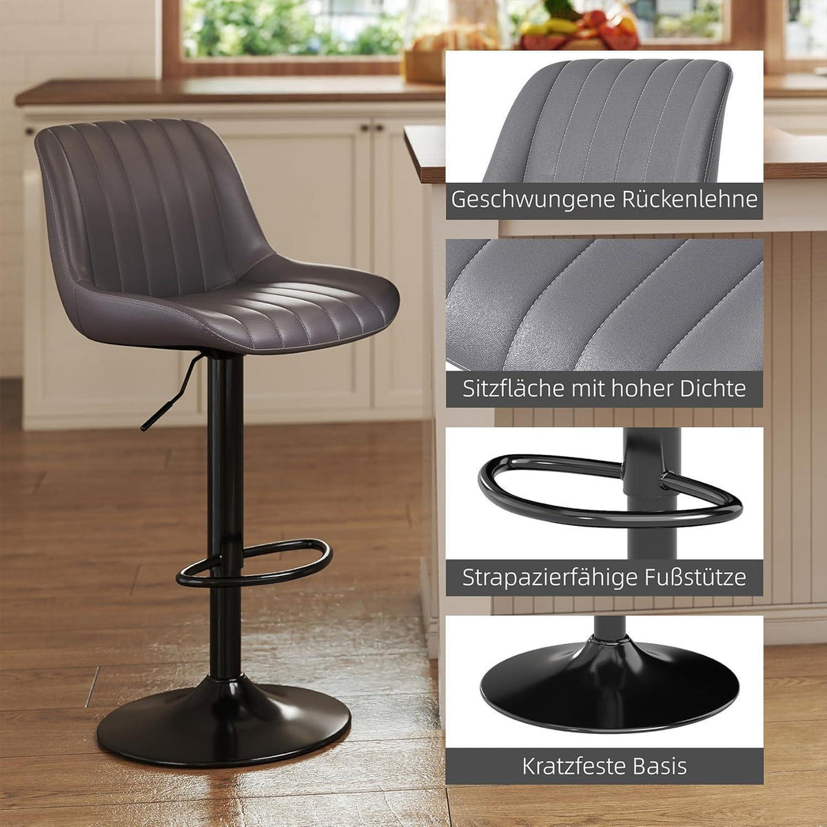 Drehbarer Barhocker 4er Set, Höhenverstellbar, Dunkelgrau