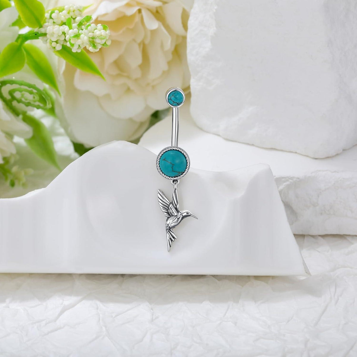 Bauchnabelring mit Kolibri und Türkis aus 925 Sterling Silber