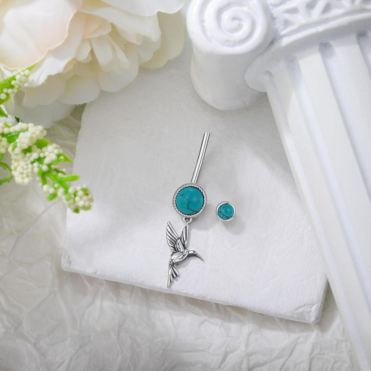Bauchnabelring mit Kolibri und Türkis aus 925 Sterling Silber