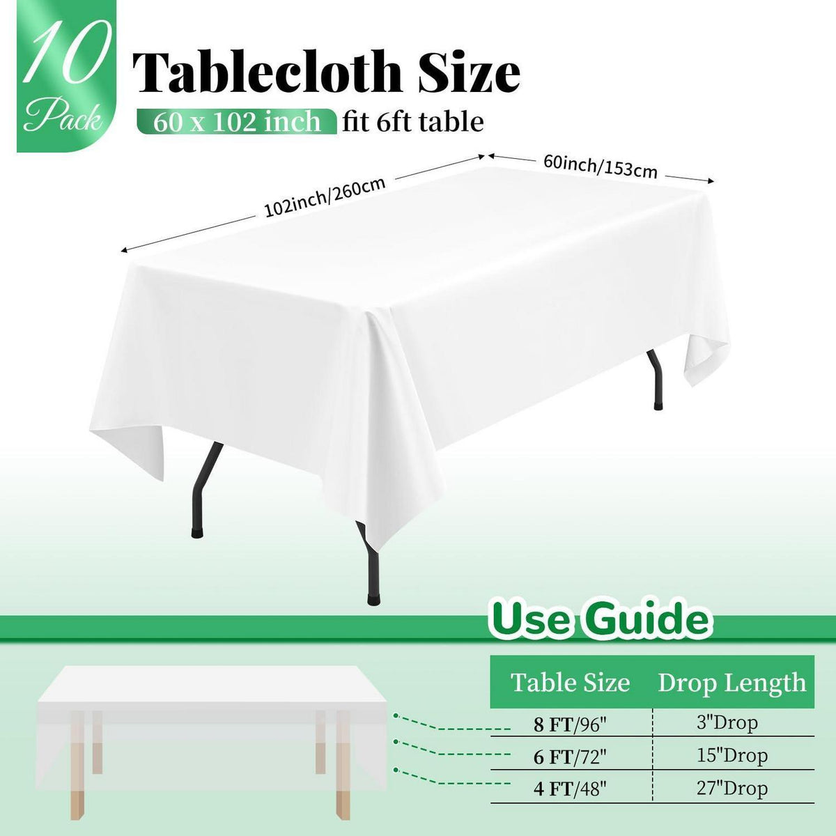 10x Weiße Tischdecken Rechteckig 153x260cm – Waschbar & Wiederverwendbar