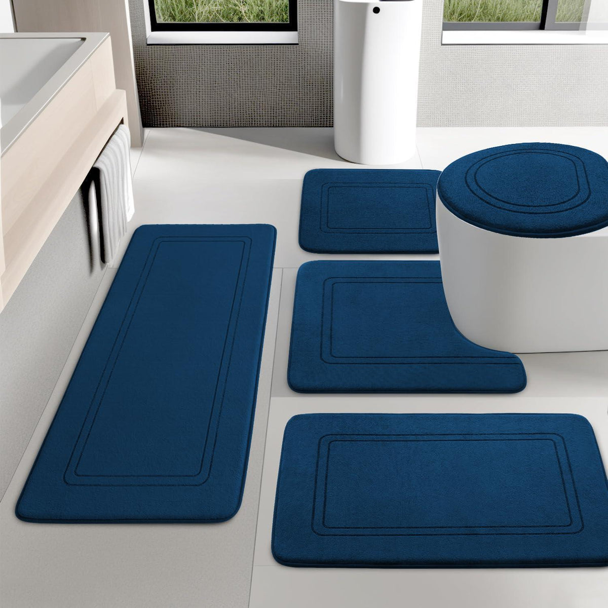 5-teiliges Badezimmerteppich-Set Navy Blau, Rutschfest & Waschbar