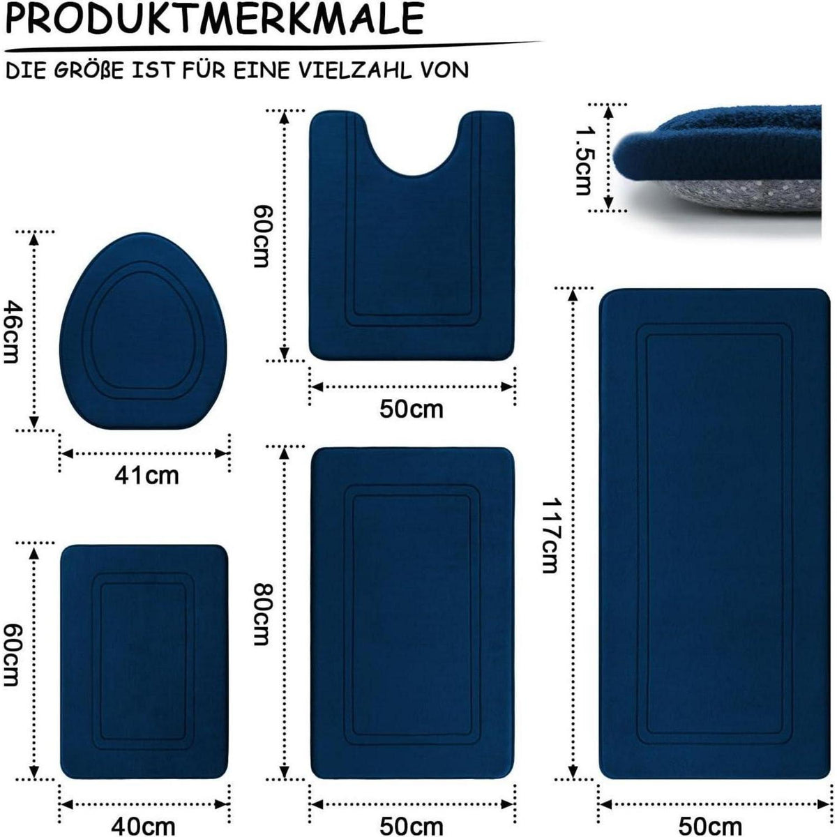 5-teiliges Badezimmerteppich-Set Navy Blau, Rutschfest & Waschbar