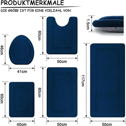 5-teiliges Badezimmerteppich-Set Navy Blau, Rutschfest & Waschbar