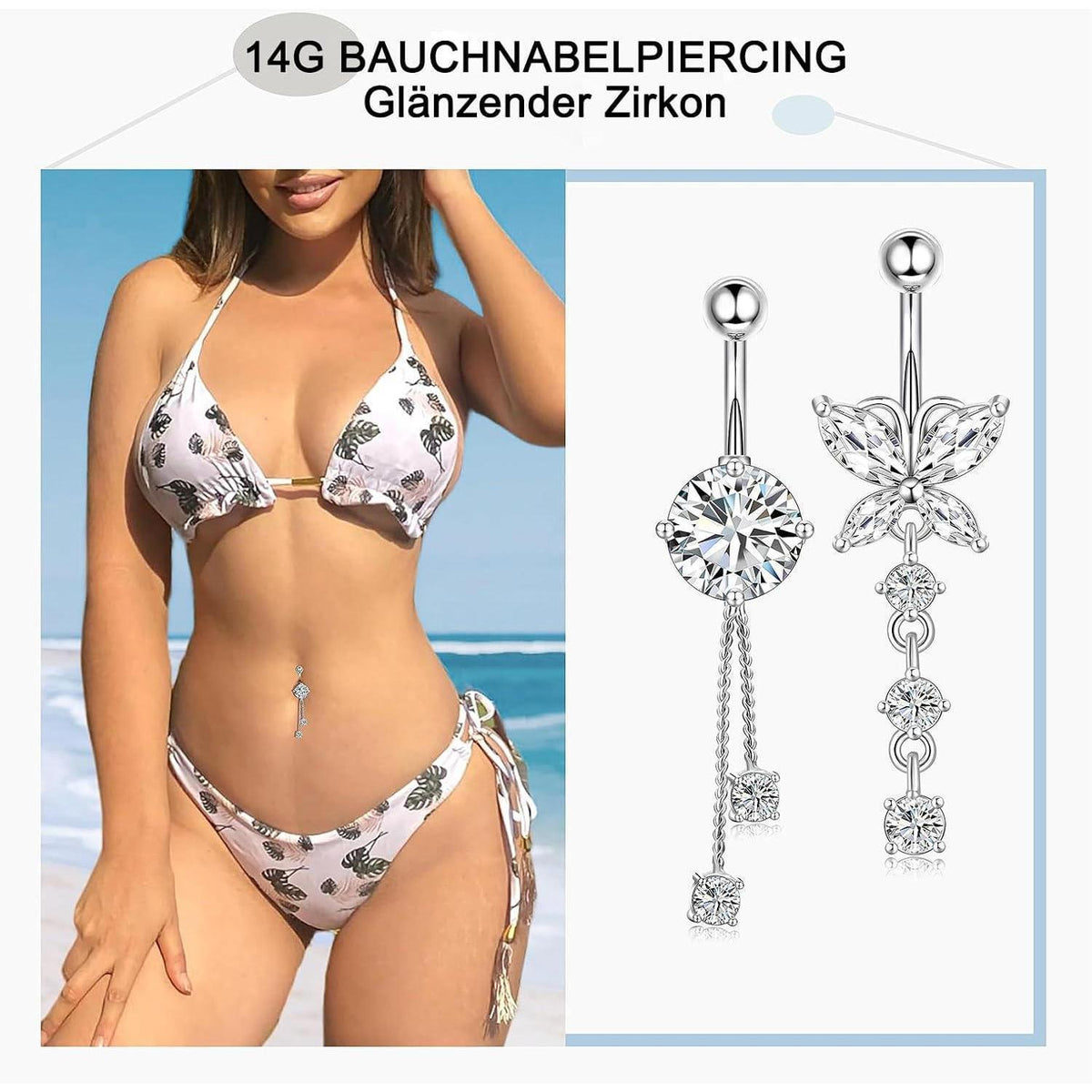 Bauchnabelpiercing Set 5 Stück Chirurgenstahl 10mm Silber Gold mit Strass