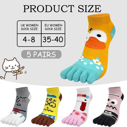Damen Zehensocken Baumwolle – Tier & Obst Muster 5er Pack (35-40)