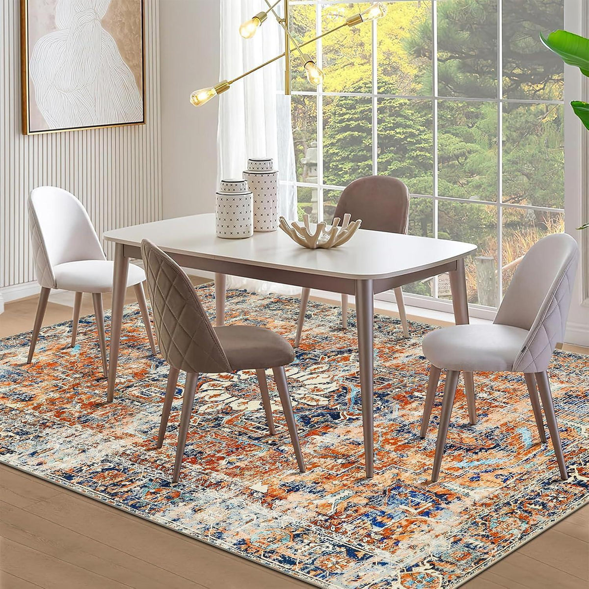 Boho Teppich Wohnzimmer 140x200cm – Orange, Kurzflor & Rutschfest