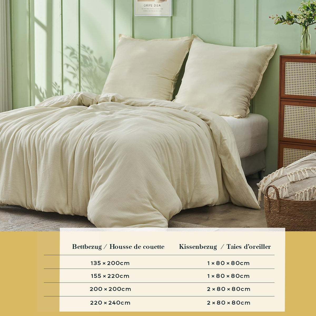 Musselin Bettwäsche Set 200x200 cm – Atmungsaktiv & Weich, Beige