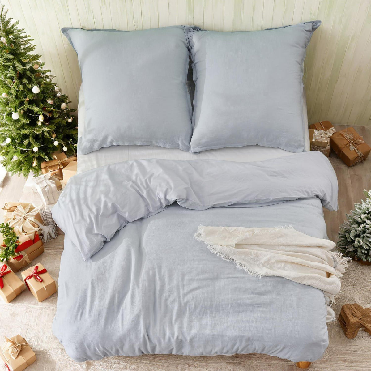 Musselin Bettwäsche Set 200x200 cm, Hellblau – Atmungsaktiv & Weich