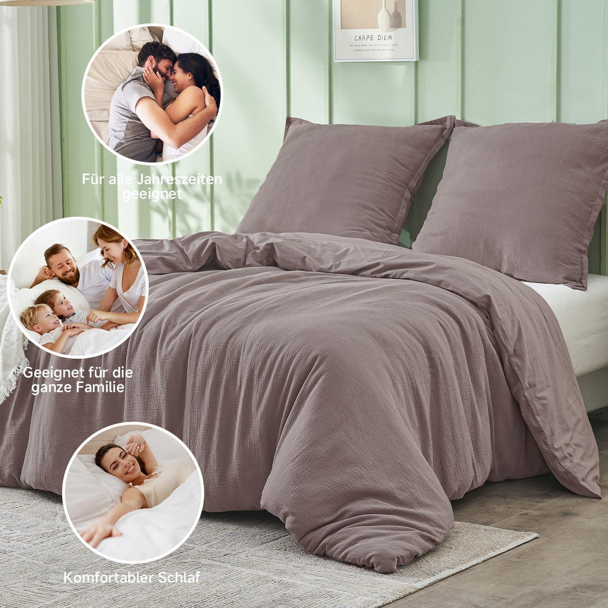 Musselin Bettwäsche Set 220x240 cm, Kaffee Grau