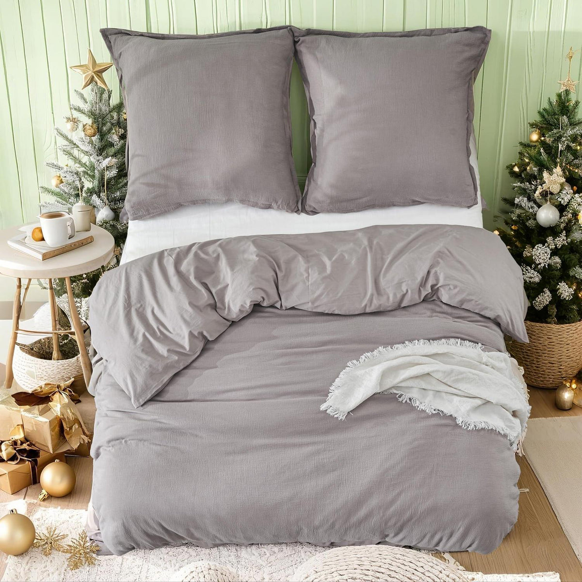 Musselin Bettwäsche Set 220x240 cm, Kaffee Grau