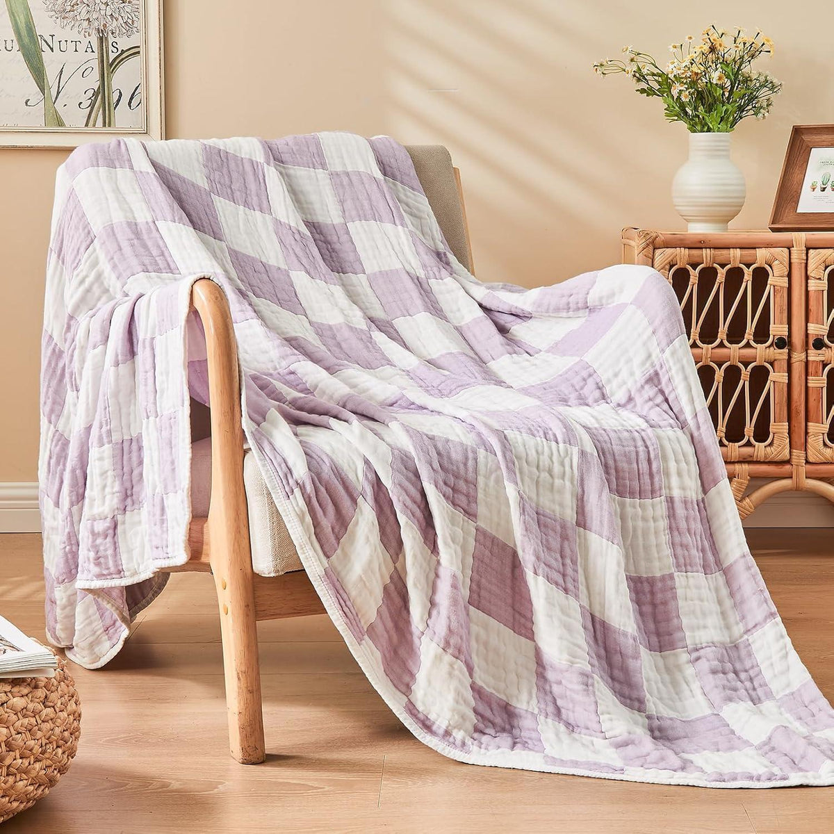 Musselin Decke Kariert Baumwolle Bambus Lavendel 200x230cm