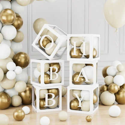 Babyparty Deko Set: 6 Ballonboxen, Buchstaben & 45 Ballons