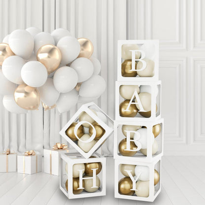 Babyparty Deko Set: 6 Ballonboxen, Buchstaben & 45 Ballons