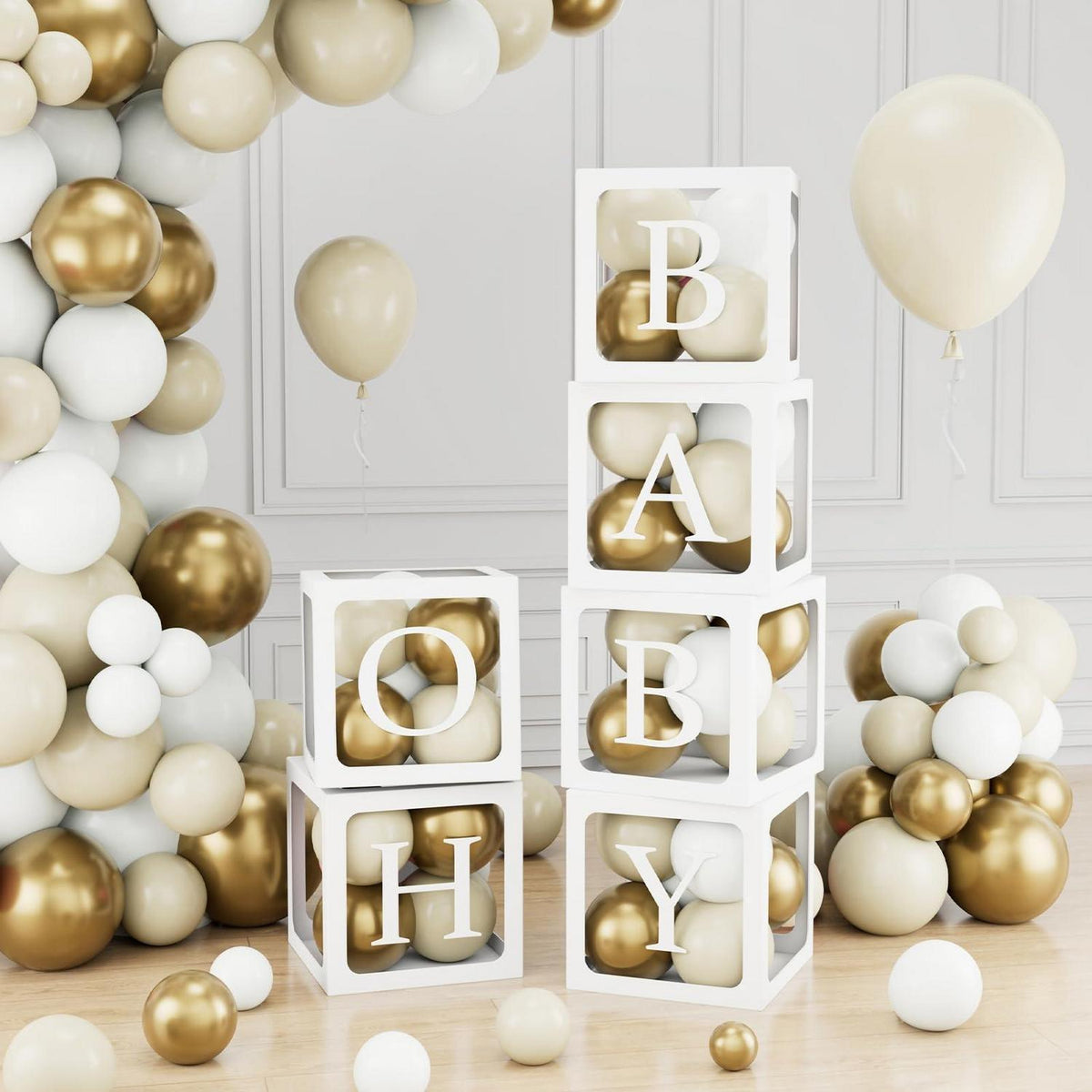 Babyparty Deko Set: 6 Ballonboxen, Buchstaben & 45 Ballons