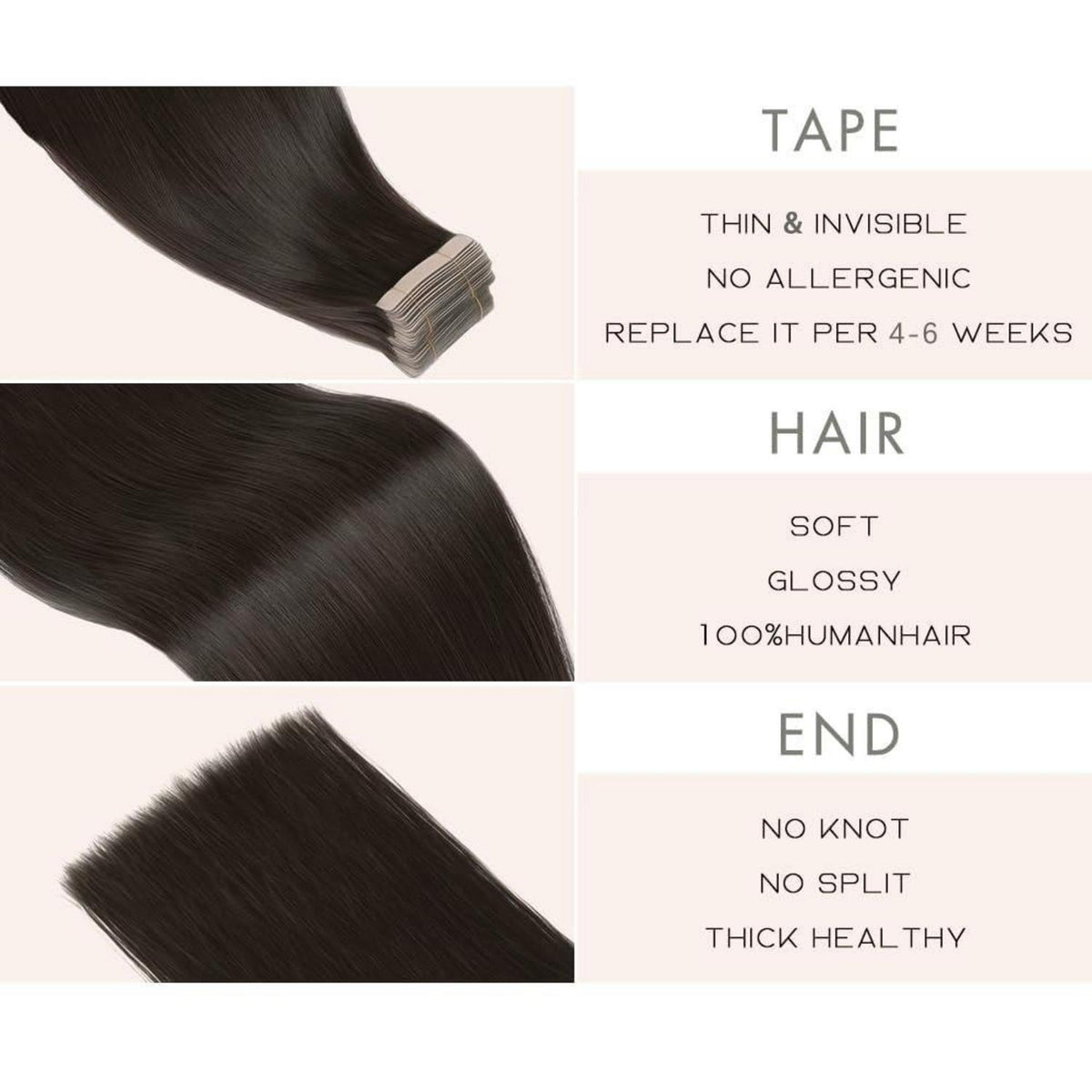 Echthaar Tape Extensions 60cm (24 Zoll) Schwarz