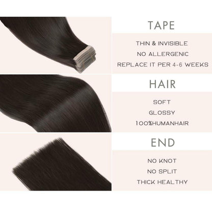 Echthaar Tape Extensions 60cm (24 Zoll) Schwarz
