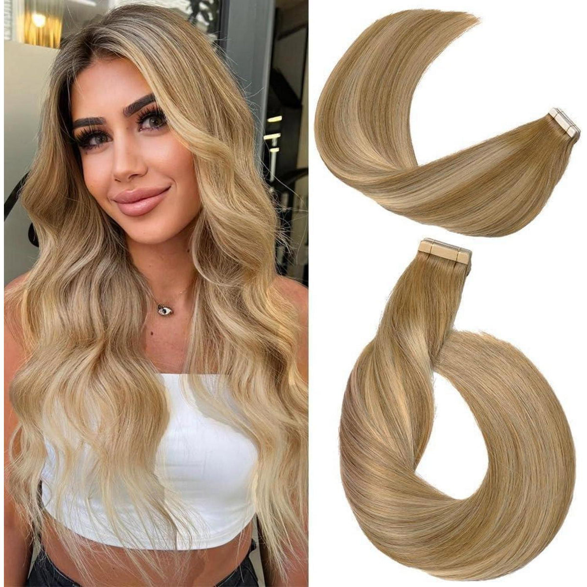 Echthaar Tape Extensions Goldbraun Balayage 60cm