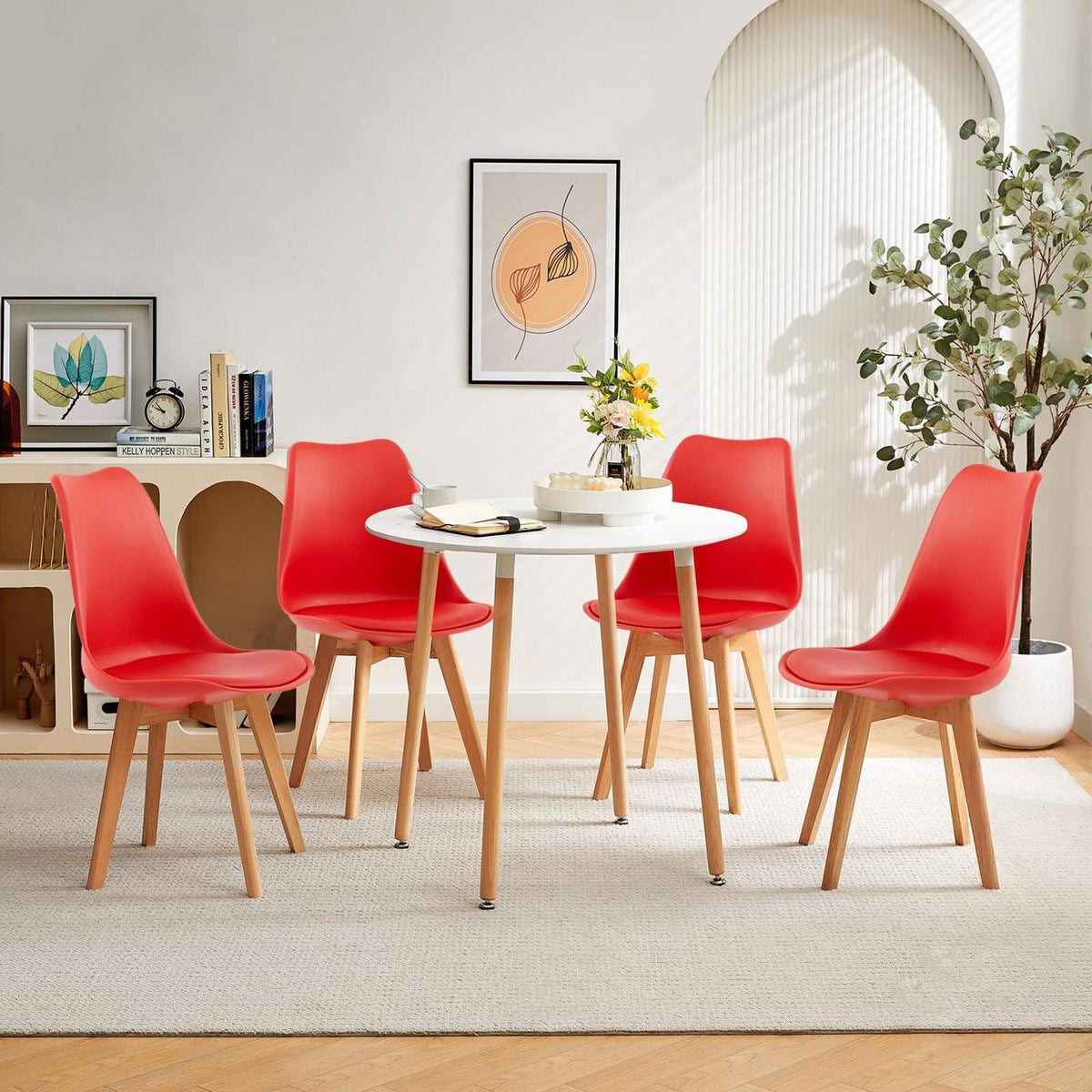 Esszimmergruppe weißer Tisch + 4 rote Stühle