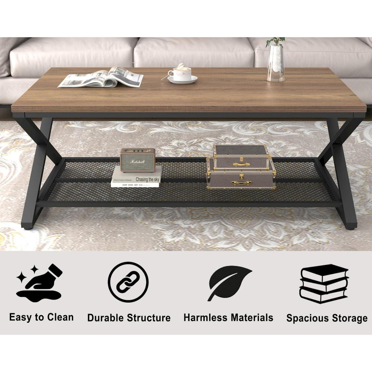 Couchtisch Holz mit Stauraum, rechteckig 120x60 cm, Eiche