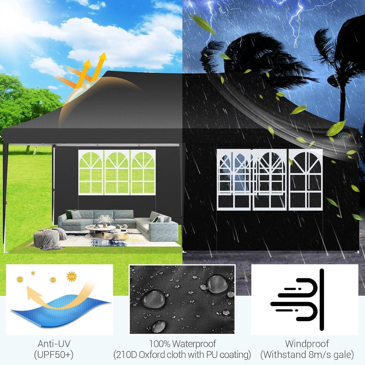 3x6m Faltpavillon wasserdicht mit 6 Seitenwänden & UV-Schutz