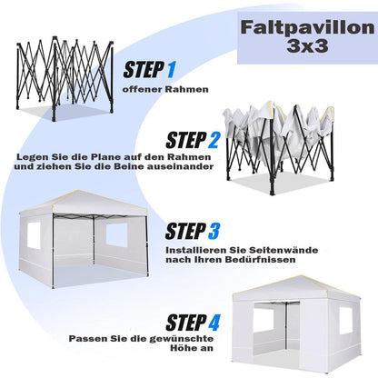 3x3m Faltpavillon Wasserdicht mit Seitenteilen – UV-Schutz 50+