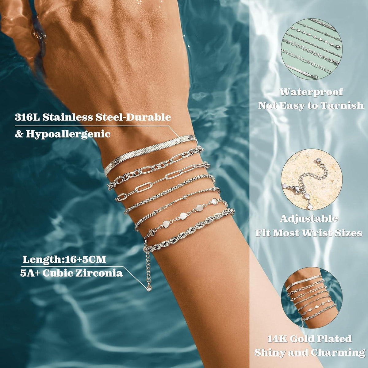 Damen Armband Set 7er Edelstahl Kettenarmbänder Vergoldet