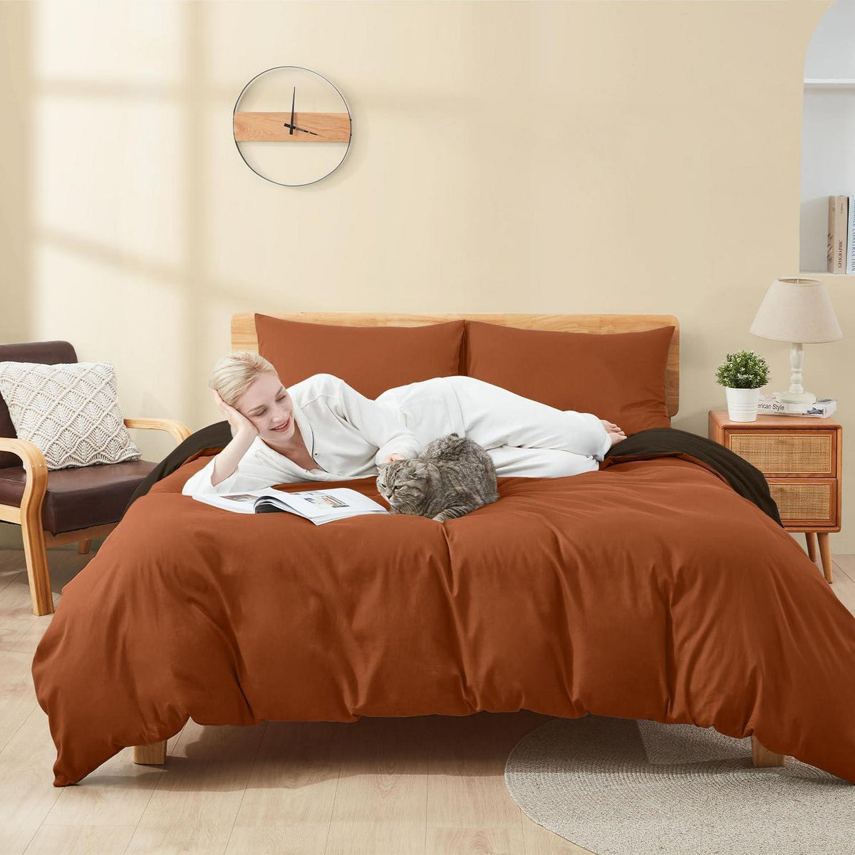 4tlg. Baumwoll Bettwäsche Set Braun/Orange 135x200 cm