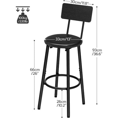 Barhocker Set 2er-Pack mit Rückenlehne & Fußstütze Schwarz