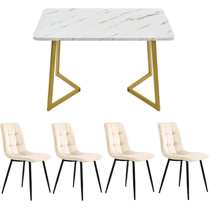 Moderner Esstisch Set mit 4 Samtstühlen Weiß & Gold 68x117cm