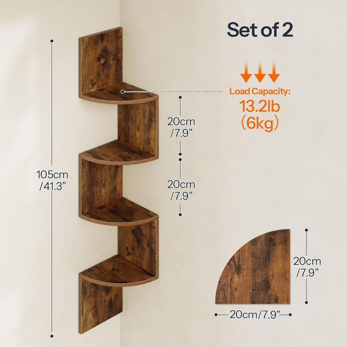 Eckregal 2er Set – Schweberegale Zickzack Design Braun